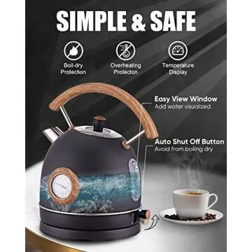 Electric Kettle, Talafa 1.7L / 1500W Electric Tea Kettles for Boiling Water, Stainless Steel Hot Water Boiler with Thermometer, Auto Shut-off & Boil-Dry Protection, Anti-scald Wood Handle, Black