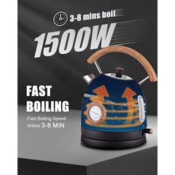 Electric Kettle, Talafa 1.7L / 1500W Electric Tea Kettles for Boiling Water, Stainless Steel Hot Water Boiler with Thermometer, Auto Shut-off & Boil-Dry Protection, Anti-scald Wood Handle, Black