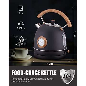 Electric Kettle, Talafa 1.7L / 1500W Electric Tea Kettles for Boiling Water, Stainless Steel Hot Water Boiler with Thermometer, Auto Shut-off & Boil-Dry Protection, Anti-scald Wood Handle, Black