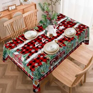 cusugbaso Christmas Tablecloth 52x70 Inches, Holiday Red Table Cloth for Rectangle Tables - Red Truck Christmas Decorations for Home - Water Resistant Buffalo Plaid Christmas Decor for Party,Kitchen