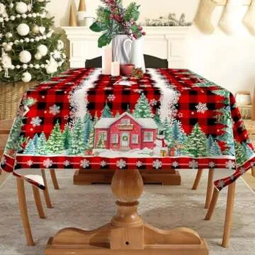 cusugbaso Christmas Tablecloth 52x70 Inches, Holiday Red Table Cloth for Rectangle Tables - Red Truck Christmas Decorations for Home - Water Resistant Buffalo Plaid Christmas Decor for Party,Kitchen