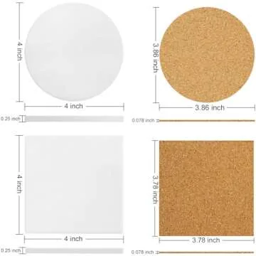 Ceramic Tile for Crafts Coasters, 24 Pack White Tiles Unglazed 4 Inch with 24 Pack Cork Backing Pads Includes Square and Round Ceramic Coasters for DIY Arts Craft Project Coasters (24)