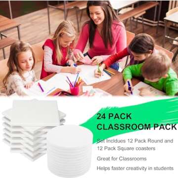 Ceramic Tile for Crafts Coasters, 24 Pack White Tiles Unglazed 4 Inch with 24 Pack Cork Backing Pads Includes Square and Round Ceramic Coasters for DIY Arts Craft Project Coasters (24)