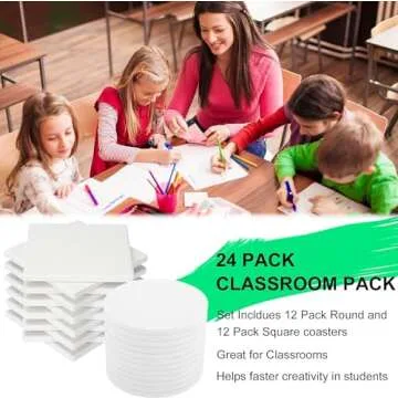 Ceramic Tile for Crafts Coasters, 24 Pack White Tiles Unglazed 4 Inch with 24 Pack Cork Backing Pads Includes Square and Round Ceramic Coasters for DIY Arts Craft Project Coasters (24)