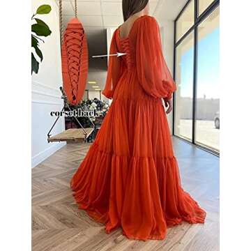 Huaxiafan Long Sleeve Prom Dresses V Neck Empire Waist Light Blue Puffy Tulle Evening Formal Gowns f...