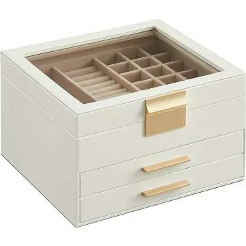 Modern Jewelry Box with Glass Lid & 2 Drawers