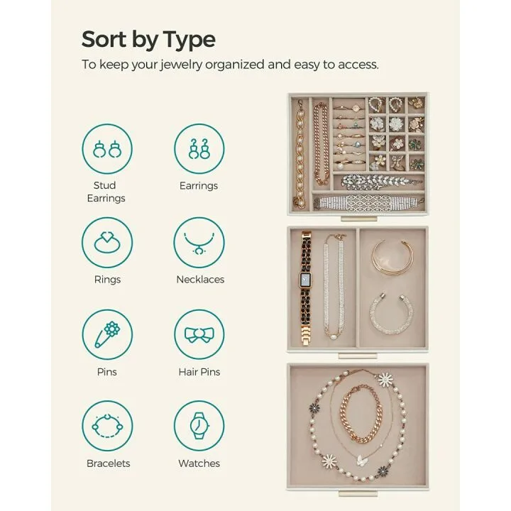 Modern Jewelry Box with Glass Lid & 2 Drawers