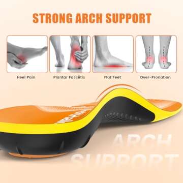 BestHalo Plantar Fasciitis Insoles - High Arch Support Inserts, Gel Cushion, Relief for Flat Feet - 220+ lbs Orthotics Insoles Ideal for Work Boots (Orange, Men 9-10.5 | Women 10-11.5)