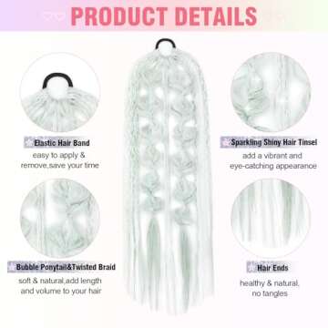 YOGFIT Colored Hair Extensions Long Braided Bubble Ponytail Extension with Hair Tie, 21'' Crazy Hair Day Accessories for Women Festival Rave Braids, Offwhite Hair Extensions with Tinsel