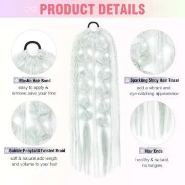YOGFIT Colored Hair Extensions Long Braided Bubble Ponytail Extension with Hair Tie, 21'' Crazy Hair Day Accessories for Women Festival Rave Braids, Offwhite Hair Extensions with Tinsel
