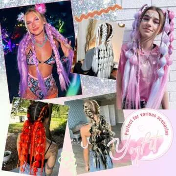 YOGFIT Colored Hair Extensions Long Braided Bubble Ponytail Extension with Hair Tie, 21'' Crazy Hair Day Accessories for Women Festival Rave Braids, Offwhite Hair Extensions with Tinsel