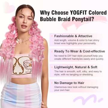 YOGFIT Colored Hair Extensions Long Braided Bubble Ponytail Extension with Hair Tie, 21'' Crazy Hair Day Accessories for Women Festival Rave Braids, Offwhite Hair Extensions with Tinsel