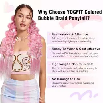 YOGFIT Colored Hair Extensions Long Braided Bubble Ponytail Extension with Hair Tie, 21'' Crazy Hair Day Accessories for Women Festival Rave Braids, Offwhite Hair Extensions with Tinsel