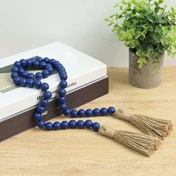 Meplait 39in Wood Bead Garland Farmhouse with Tassels,Versatile Prayer Beads Boho Chic Wall Hanging Home Decor (Navy Blue)