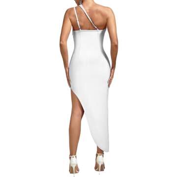 UONBOX Women's One Shoulder High Split Bodycon Dress Midi Party Cocktail Bandage Dress White S