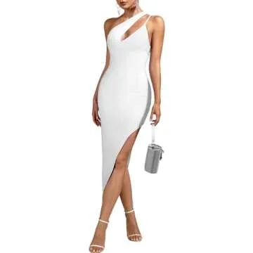 UONBOX Women's One Shoulder High Split Bodycon Dress Midi Party Cocktail Bandage Dress White S