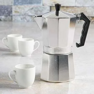 Primula Classic Stovetop Espresso and Coffee Maker, Moka Pot for Italian and Cuban Café Brewing, Greca Coffee Maker, Cafeteras, 9 Espresso Cups, Silver