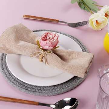 Handcraft Flower Napkin Rings Set of 6,Pink Peony Flower Handmade Napkin Holder Rings Table Decorations for Summer,Wedding,Luncheons,Picnics,Banquet, Birthday,Christmas,Valentine's, Thanksgiving