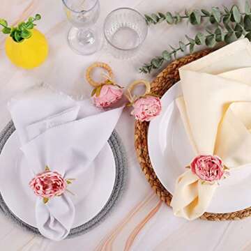 Handcraft Flower Napkin Rings Set of 6,Pink Peony Flower Handmade Napkin Holder Rings Table Decorations for Summer,Wedding,Luncheons,Picnics,Banquet, Birthday,Christmas,Valentine's, Thanksgiving