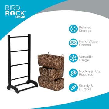 BIRDROCK HOME 3-Tier Abaca Storage Organizer Shelf with Solid Wood Frame - Durable Handwoven Abaca Fiber Baskets - Ideal for Organizing Living Rooms, Bedrooms, or Kitchens - Brown Wash, Espresso