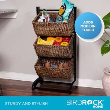 BIRDROCK HOME 3-Tier Abaca Storage Organizer Shelf with Solid Wood Frame - Durable Handwoven Abaca Fiber Baskets - Ideal for Organizing Living Rooms, Bedrooms, or Kitchens - Brown Wash, Espresso