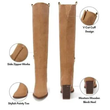 Ermonn Womens Faux Suede Knee High Side Zipper Chunky Heel Stretch Winter Boots