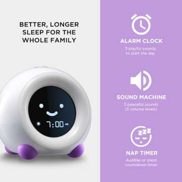 LittleHippo Mella: Ready to Rise Children's Sleep Trainer, Night Light, Sound Machine and OK to Wake Alarm Clock for Kids - Bright Purple