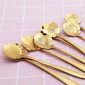 Snamonkia Set of 16 Stainless Steel Dessert Spoons for Coffee, Ice Cream and Tea, Flower Sugar Spoons 4.9 Inches for Demitasse Espresso (Gold)