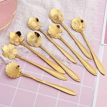 Snamonkia Set of 16 Stainless Steel Dessert Spoons for Coffee, Ice Cream and Tea, Flower Sugar Spoons 4.9 Inches for Demitasse Espresso (Gold)