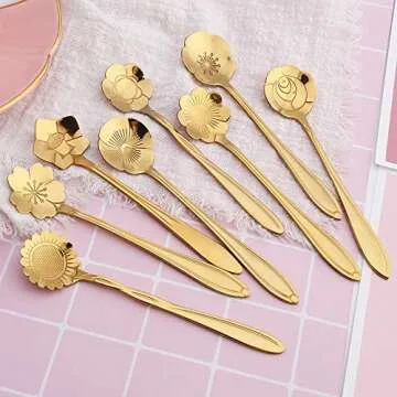 Snamonkia Set of 16 Stainless Steel Dessert Spoons for Coffee, Ice Cream and Tea, Flower Sugar Spoons 4.9 Inches for Demitasse Espresso (Gold)
