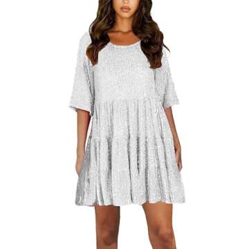 HYLLGUD Women Sequin Dress Sparkly Giltter Round Neck Short Sleeve A-Line Loose Swing Dress Party Co...