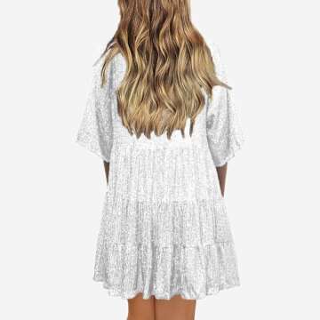 HYLLGUD Women Sequin Dress Sparkly Giltter Round Neck Short Sleeve A-Line Loose Swing Dress Party Concert Night Clubwear(Silver-XL)