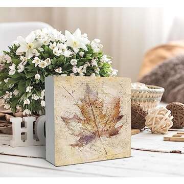 SRADMO Retro Fall Maple Leaf Watercolor Drawing Wood Box Sign Desk Decor,Rustic Autumn Seasonal Thanksgiving Wooden Block Box Sign Decoration For Home Farmhouse Indoor Outdoor Wall Shelf Table Decor