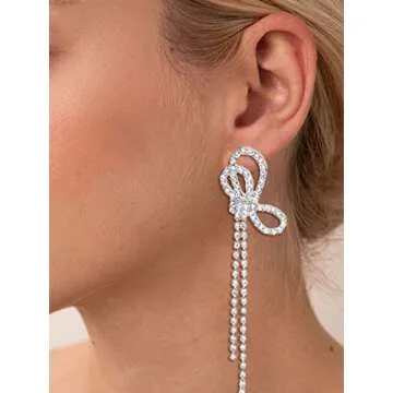 Elegant Silver Bow Earrings - Stylish Pearl Drop Dangle Jewelry for Women