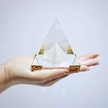 Together-life Crystal Pyramid Prism, Feng Shui Crafts Meditation Crystal with Gold Stand for Home Office Decor, Pyramids Gift, Stand for Prosperity, Positive Energy and Good Luck(3.15inch/80mm)