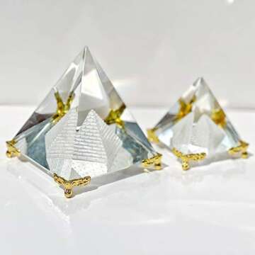 Together-life Crystal Pyramid Prism, Feng Shui Crafts Meditation Crystal with Gold Stand for Home Office Decor, Pyramids Gift, Stand for Prosperity, Positive Energy and Good Luck(3.15inch/80mm)