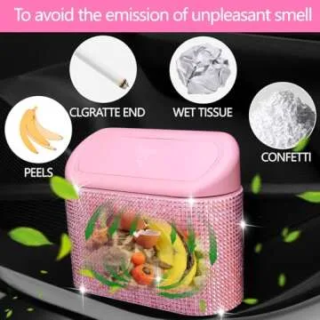 NBTEPEM Bling Pink Car Trash Can with Lid, Mini Auto Garbage Can with 30 Trash Bags, Automotive Garbage Container Bin, Multipurpose Organizers and Storage for Car, Home, Office (Pink Diamond)