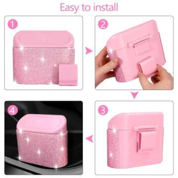 NBTEPEM Bling Pink Car Trash Can with Lid, Mini Auto Garbage Can with 30 Trash Bags, Automotive Garbage Container Bin, Multipurpose Organizers and Storage for Car, Home, Office (Pink Diamond)