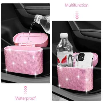 NBTEPEM Bling Pink Car Trash Can with Lid, Mini Auto Garbage Can with 30 Trash Bags, Automotive Garbage Container Bin, Multipurpose Organizers and Storage for Car, Home, Office (Pink Diamond)