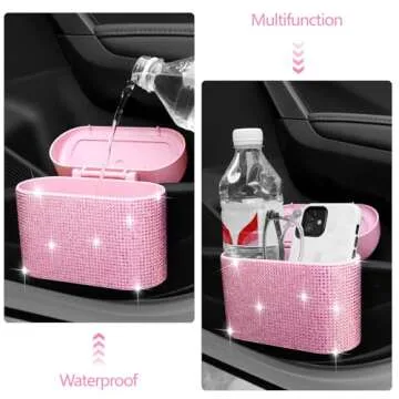 NBTEPEM Bling Pink Car Trash Can with Lid, Mini Auto Garbage Can with 30 Trash Bags, Automotive Garbage Container Bin, Multipurpose Organizers and Storage for Car, Home, Office (Pink Diamond)
