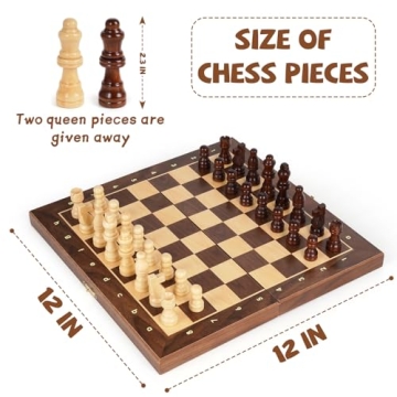 Magnetic Travel Chess Set 12-inch Wooden Magnetic Chess Board 2 Extra Queen Folding Chessboard for Storage Toys & Games for Adults Vintage Chess Game – Family Board Games Educational Toy Sets
