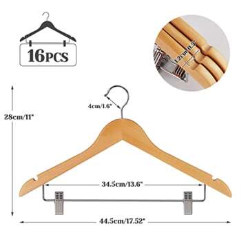 HOUÍSM 16Pack Wooden Hangers Skirt Hangers with Clips, Solid Wood Pants Hangers Natural Smooth Fini...