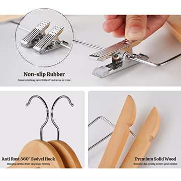 HOUÍSM 16Pack Wooden Hangers Skirt Hangers with Clips, Solid Wood Pants Hangers Natural Smooth Finish High-Grade Selected Wood Hangers with Sturdy Metal Clips for Blouse Dress Coat Jacket