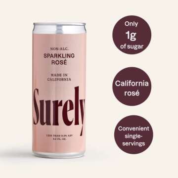 Surely Non-Alcoholic Wine, Sparkling Rosé Cans, Alcohol-Removed California Sparkling Rosé, 1g Sugar, 15 Calories, De-alcoholized, Low Sugar, Low Calorie, Mocktail, Pack of 4 (8.5 fl oz per can)