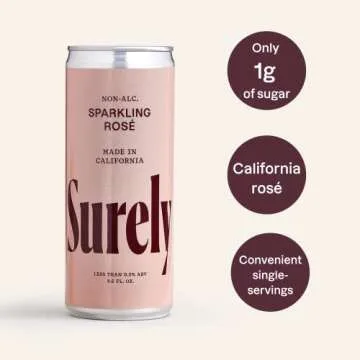 Surely Non-Alcoholic Wine, Sparkling Rosé Cans, Alcohol-Removed California Sparkling Rosé, 1g Sugar, 15 Calories, De-alcoholized, Low Sugar, Low Calorie, Mocktail, Pack of 4 (8.5 fl oz per can)