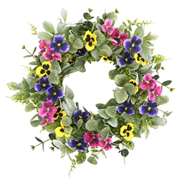 Artificial Spring Summer Wreath with Pansy Flowers,Flocked Lamb Ear Leaves,Eucalyptus Leaves,Fern Br...