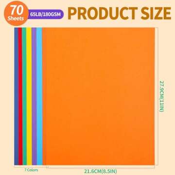 70 Sheets Colored Cardstock -7 Colors Paper 8.5 x 11 inch Art Crafts Construction Paper 65Ib/180g Th...