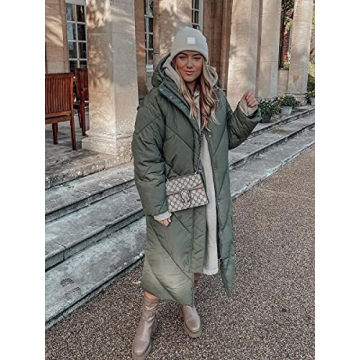 Yousify Women's Hooded Long Puffer Coat Winter Longer Thickened Down Jacket Zip Cocoon Outwear Army Green L