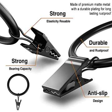 Lansian 20Pack Curtain Rings with Clips, Drapery Clips for Curtain, Drapery Rings with Clips for Hanging Drapery Drapes Bows, 2 inch Interior Diameter, Fits up to 1.8in Curtain Rod, Vintage Black