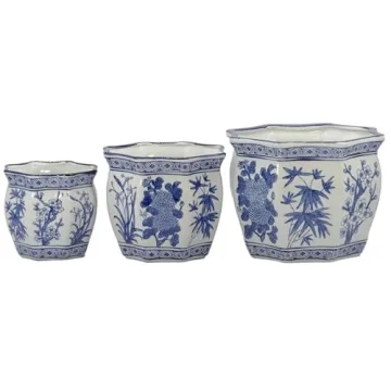 Galt International Blue & White Fluted Ceramic Plant Pots Set